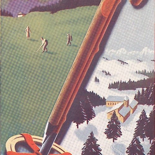 version carte postale ancienne pour la promotion du golf et de la station de ski